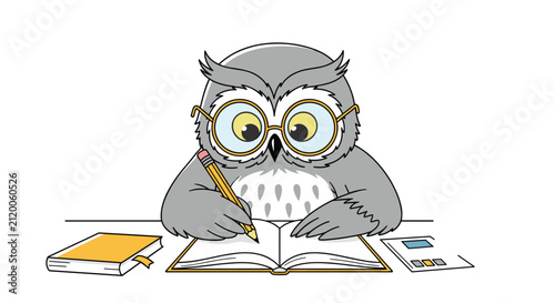 Wise grey owl wearing large round spectacles sits at its desk diligently writing in a notebook with a pencil and studying its textbooks.