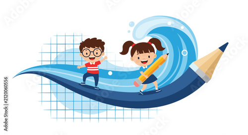 Two adventurous children surf on a giant blue pencil riding a wave of creativity and imagination through a grid-patterned artistic space.