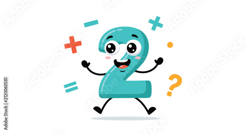 Playful number two character with a happy face and dancing arms is surrounded by mathematical symbols like plus, minus, and equals signs.