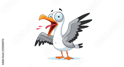Funny cartoon seagull bird with big eyes and its mouth wide open looking surprised or making a loud noise in a flat vector.
