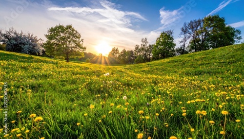 Sunny Green Meadow Blooming with Yellow Wildflower Under Blue Sky