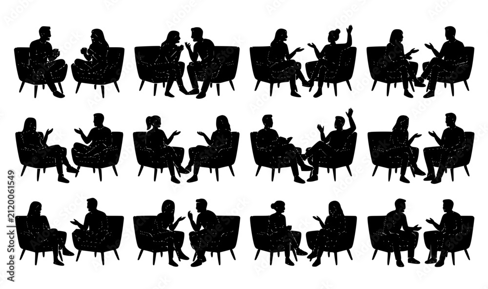 Obraz premium Casual conversation silhouettes vector collection with men and women sitting in lounge armchairs talking friendly