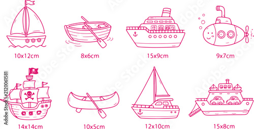Collection of cartoon boats and ships including sailboat cruise ship pirate ship canoe rowboat and submarine for transport.