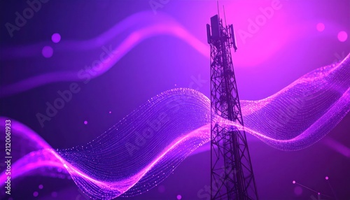 Tall Telecommunication Tower Surrounded by Glowing Purple Data Waves in Futuristic Network Scene