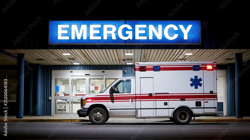 Fototapeta premium Ambulance vehicle parked outside hospital emergency room entrance at night with glowing blue sign