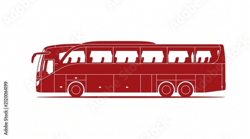 Red coach bus icon. Side view of a modern passenger transport vehicle silhouette.