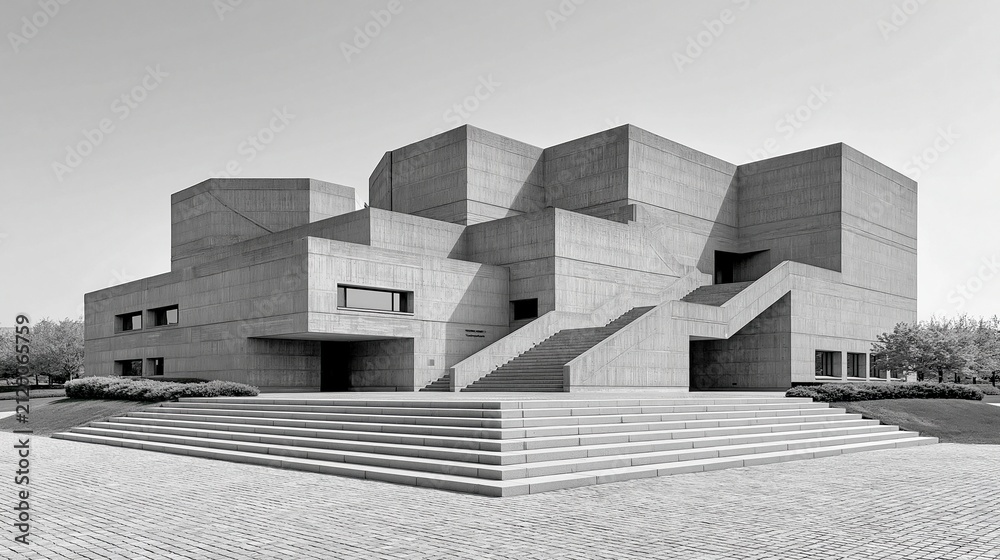 Fototapeta premium Modern Brutalist Concrete Architectural Masterpiece with Geometric Facade and Grand Staircase