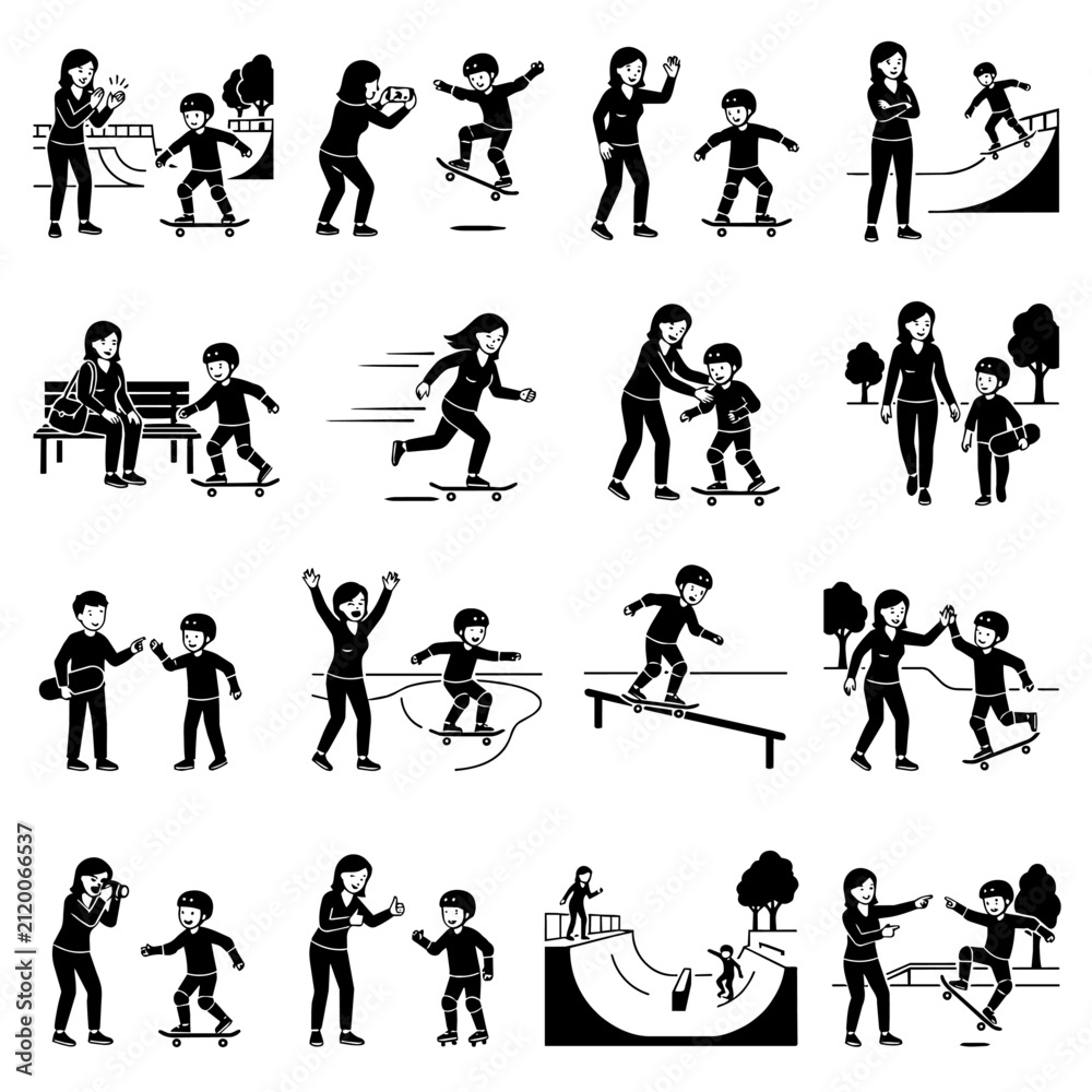 Obraz premium Family skateboarding activities flat design vector illustration