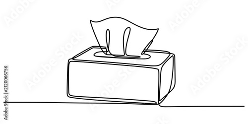 Continuous one line drawing of a tissue box with a single paper tissue coming out of it