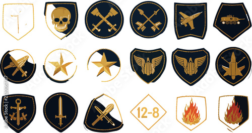 Foto Military Emblem and Tactical Patch Icon Set with Skull, Star, Fire, Jet, Tank, a