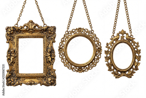 Collection of three highly ornate antique gold picture frames suspended by elegant chains isolated on a white background. Classic empty blank vintage borders with baroque design.