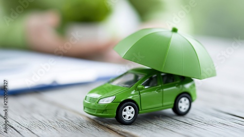 Green toy car protected by a miniature umbrella, symbolizing automotive insurance and safety