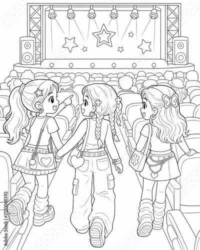 Three girls excitedly heading to a y2k concert embracing friendship and retro fashion in a fun coloring page