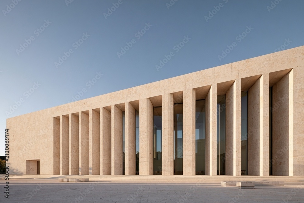 Fototapeta premium Modern Pale Stone Building with Deep Recessed Bays