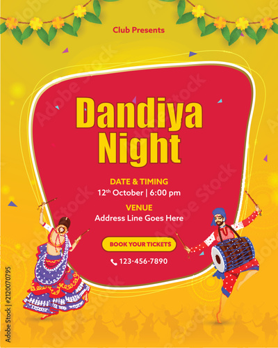 Dandiya Night Event Template with Indian Woman Dancing Dandiya Dance and Drummer on Yellow and Red Background.