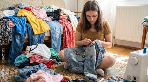 Teenager sewing patches on thrifted clothes to upcycle slow fashion