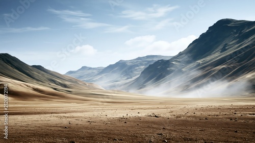 Vast arid desert valley with rolling hills and distant mountains under a clear blue sky