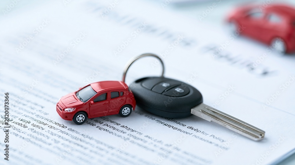 Obraz premium Close up of car key and miniature red car on top of legal document, symbolizing auto ownership and insurance