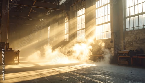 Dusty Industrial Warehouse with Dramatic Sun Rays and Smoke, Golden Hour Light