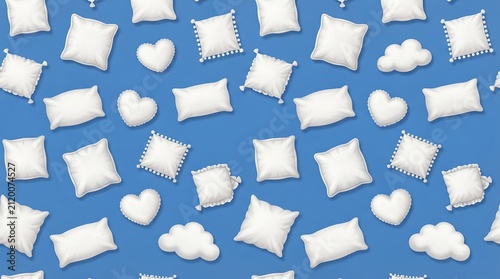 Soft decorative pillows and cushions scattered on blue background seamless pattern