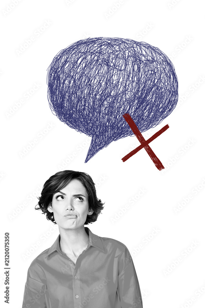 Fototapeta premium Composite trend artwork sketch collage of copyspace monochrome young lady pen ink draw speech cloud think grimace face cross mind