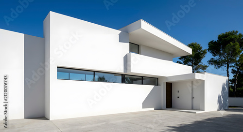 Modern minimalist luxury villa with clean white geometric facade