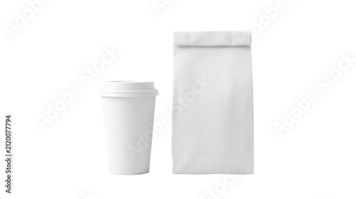  Mockup Set of Blank White Disposable Coffee Paper Cup and Folded Top Takeaway Food Bag on Isolated White Background
