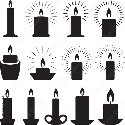 Set of burning wax candles with glowing light rays black silhouettes vector illustration