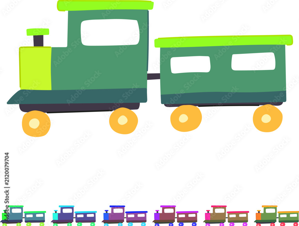 Naklejka premium wooden train toy cartoon. plastic magnetic, remote collectible, miniature realistic wooden train toy sign vector