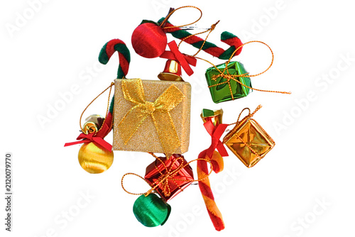 Christmas Decorations Assortment: A vibrant collection of festive Christmas ornaments, including candy canes, gift boxes, and baubles, arranged artfully to evoke the holiday spirit.
