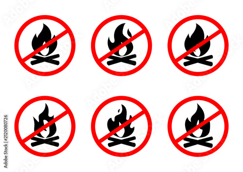 No campfires prohibited sign, no fire forbidden modern round sticker, vector illustration