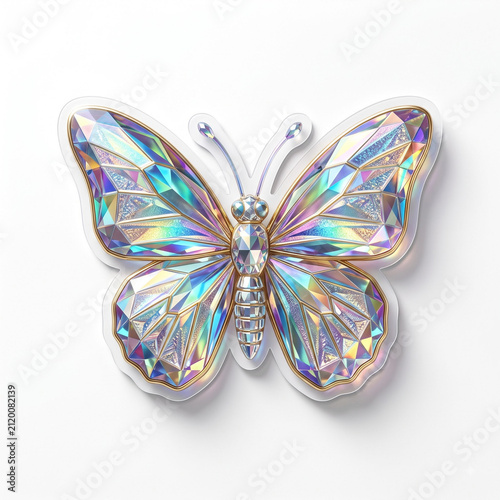 Sparkling Crystal Butterfly with Iridescent Wings Isolated on White