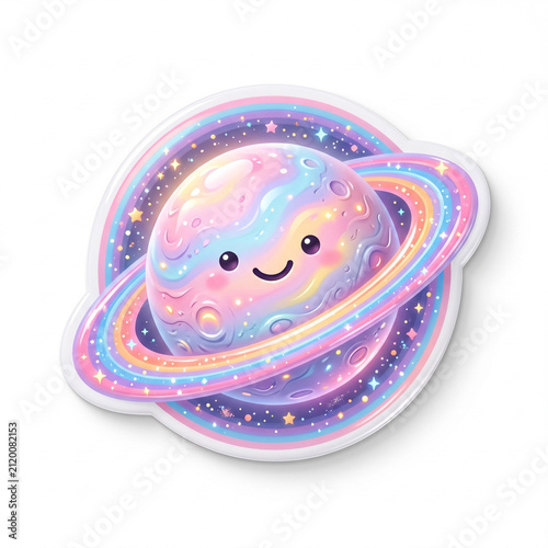 Cute Smiling Planet with Colorful Rings and Galaxy Design