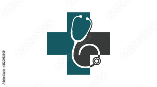 Modern medical logo featuring a dark green cross icon combined with a professional diagnostic stethoscope