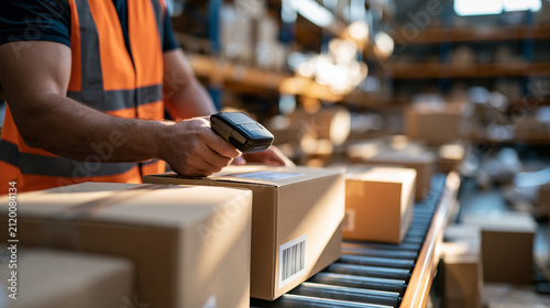 Logistics worker scanning boxes on a warehouse conveyor belt, high-visibility vest, organized shelves in background, distribution center, with copy space