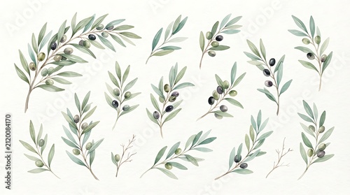 Watercolor olive branch collection with green and black fruit elements