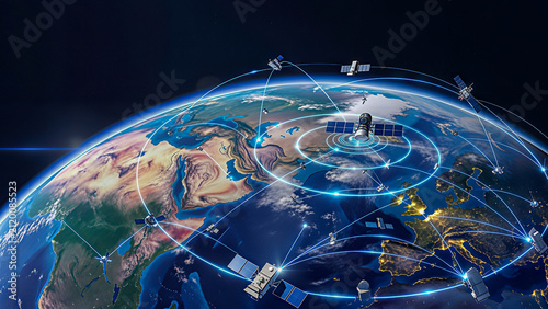 Earth Surrounded by Satellite Network with Global Communication and Orbital Technology