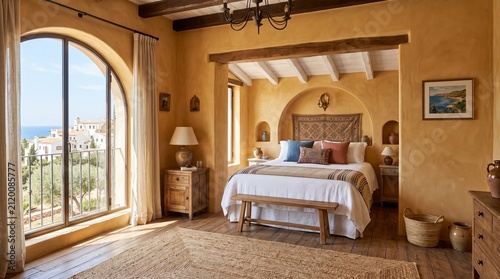 Serene Mediterranean bedroom interior with warm golden plaster walls, rustic wooden ceiling beams, cozy bedding, and a large arched window offering a beautiful scenic view of the coastal landscape