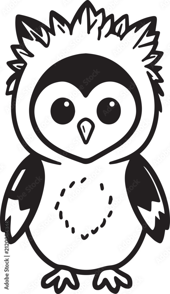 Obraz premium A charming cartoon owl, rendered in a bold black and white sketch style, stands with wide, curious eyes and a tuft of feathers atop its head, exuding an innocent and playful aura.