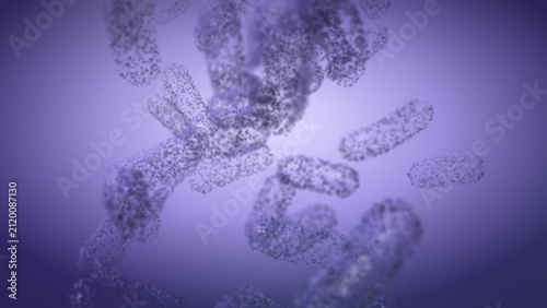 Violet particle bacteria swirl through a softly lit microscopic field with shallow focus, creating an abstract cinematic science backdrop for healthcare marketing and education.