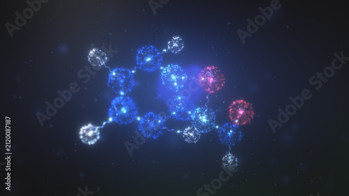 Obraz na płótnie Glowing particle molecules connect and react in a deep blue microscopic space, delivering a cinematic horizontal science loop for biotech marketing and medical presentations