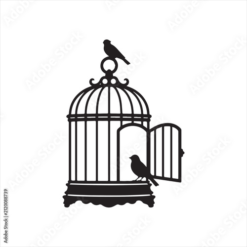 Open bird cage silhouette with birds concept of freedom vector illustration isolated on white background