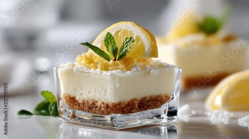 Mini lemon cheesecake in a square glass topped with citrus, coconut and mint, ideal for bakery menus, fresh dessert campaigns and recipe content.