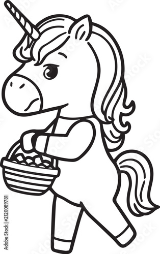 фотографія A whimsical unicorn with a horn and a mane filled with curls walks with a basket full of eggs, perfect for any fantasy or holiday theme