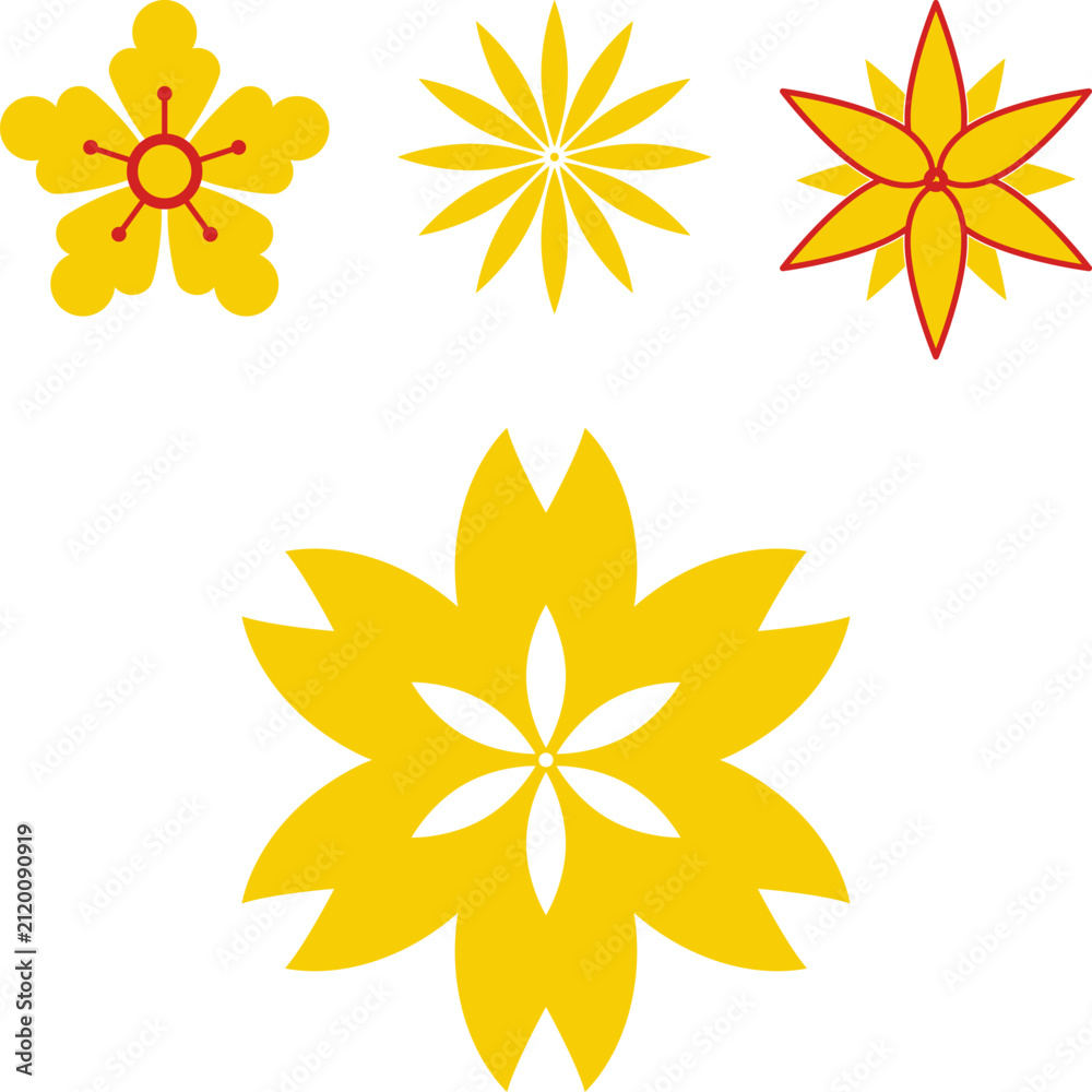 Obraz premium Four stylized decorative blossom elements are appearing in a bright yellow and red color palette, offering versatile design assets for various creative projects