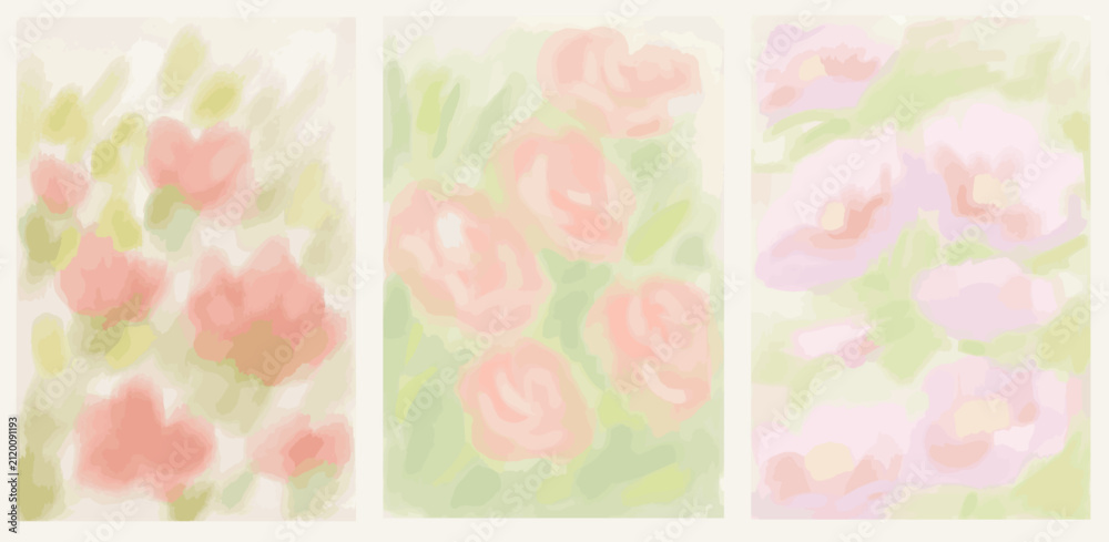 Obraz premium Abstract summer, autumn or spring garden or wild flowers set. Summer botanical wall art, banner, poster or placard with soft pastel drawings. Watercolor flower aesthetic for greeting wedding card.