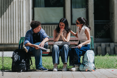 Fotografie Three students sit on an outdoor bench with one friend visibly upset while the others offer comfort