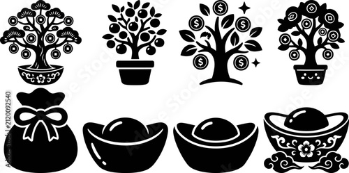 Chinese money tree icons set, black silhouette wealth symbols with gold sycee and lucky money bag, oriental prosperity vector elements for lunar new year