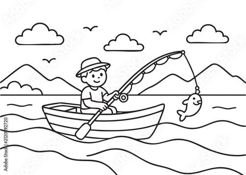 Fishing Boat Coloring Page Black and White Vector Illustration for Kids