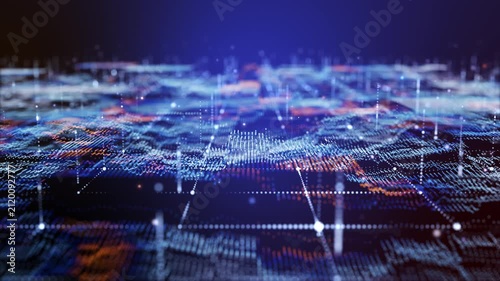 Abstract futuristic digital landscape grid with rising blue and orange neon light particles.